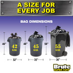 Infographic comparing bag dimensions showing 42 gal, 45 gal and 55 gal bins with measurements and Brute Super Tuff branding