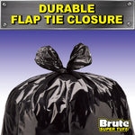 Tied black trash bag showing durable flap tie closure with Brute Super Tuff logo on purple gradient background