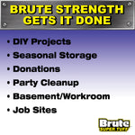 Graphic list of suggested uses for Brute Super Tuff bags including DIY projects, seasonal storage and job sites on purple background