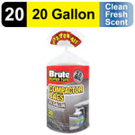 Brute Super Tuff compactor bag roll with top banner reading 20 gallon and clean fresh scent