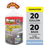 Rolled clear package of Brute Super Tuff compactor bags with red label showing 20 gallon and 2.0 mil badge