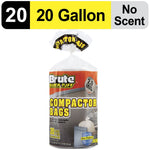 Brute Super Tuff compactor bag roll shown under a 20 gallon no scent banner with product label visible