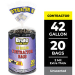 Rolled pack of Brute Super Tuff 42 gallon contractor bags in clear plastic wrapper with purple label and yellow text