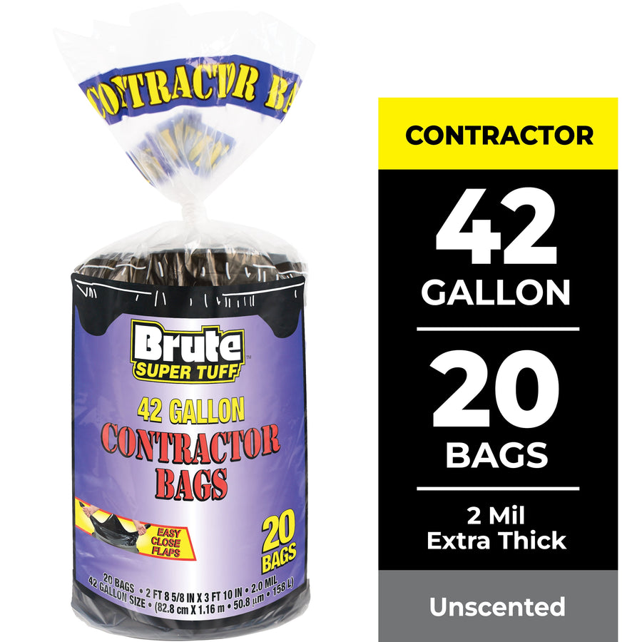 Rolled pack of Brute Super Tuff 42 gallon contractor bags in clear plastic wrapper with purple label and yellow text