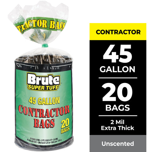 Rolled Brute Super Tuff 45 gallon contractor bag pack with green label and twist-tied top on white background