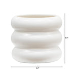 White bubble ceramic planter on a white background with measurement graphics indicating width and height of the planter.