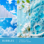Three-panel mood collage with sky, white blossoms on blue wood, and blue soap sud bubbles labeled Bubbles fresh air & soap suds