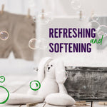 Lifestyle graphic with bubbles, wash tub and stuffed rabbit alongside text reading refreshing and softening