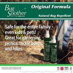 Outdoor scene graphic with two Bug Soother bottles beside a backpack and text promoting safety for family, kids and pets.