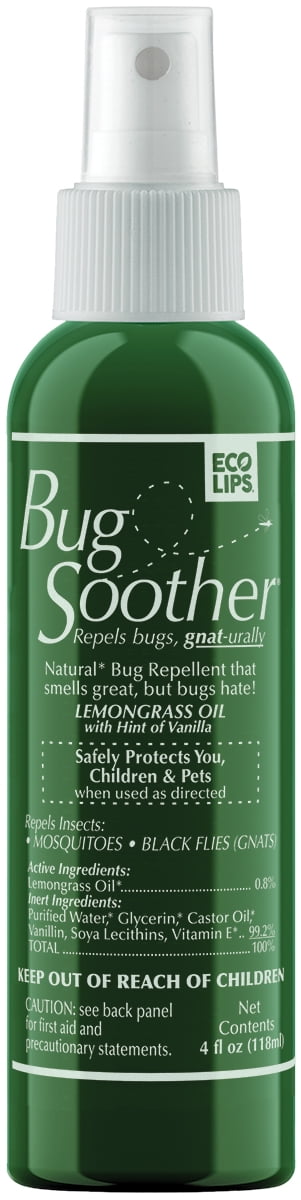 Close-up of a green Bug Soother spray bottle with white pump and label showing lemongrass oil ingredient and safety text.