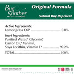 Ingredient panel graphic listing active ingredient lemongrass oil 0.8% and inert ingredients on a Bug Soother label.