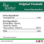 Ingredient panel graphic listing Bug Soother active ingredient lemongrass oil and inert ingredients on a white background.