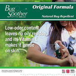 Outdoor lifestyle graphic of a person spraying a small green Bug Soother bottle with text about low-odor content and vitamin E benefits.