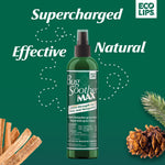Eco Lips Bug Soother MAX green spray bottle on a green background with words ‘Supercharged Effective Natural’ and pinecone and wood accents.