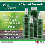 Promotional graphic showing multiple sizes of Bug Soother green spray bottles with text saying a light lemon & vanilla scent.