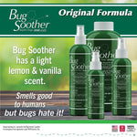 Marketing image showing multiple sizes of Bug Soother green bottles with text stating a light lemon and vanilla scent.