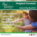 Lifestyle-style graphic with parent and child outdoors and text claiming Bug Soother can repel gnats, no-see-ums, sand fleas and some mosquitoes.