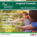 Lifestyle graphic of a parent and child outdoors with text claiming Bug Soother can repel gnats, no-see-ums, sand fleas and black flies.