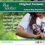 Graphic of a person spraying Bug Soother on their arm with text about low-odor content and gentle Vitamin E on skin.