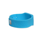 Blue Bugables silicone wristband shown at an angle with embossed brand name on the side