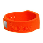 Bright orange Bugables silicone wristband shown in three-quarter view with embossed brand name