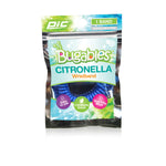 Front-facing product shot of a resealable Bugables Citronella wristband pouch containing a blue coiled wristband on a white background.