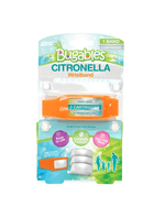 Retail blister pack of Bugables citronella wristband with orange band and three refill cartridges visible