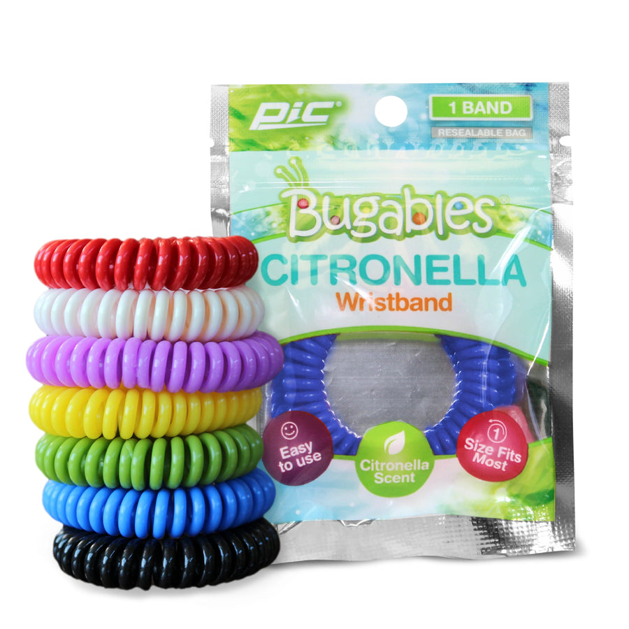 Stack of colorful coiled Bugables citronella wristbands displayed beside a resealable Bugables citronella wristband pouch.