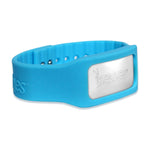 Light blue Bugables wristband with white logo plate and visible sizing snaps inside the band