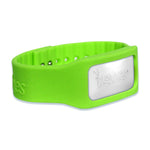 Lime green Bugables silicone wristband with a white logo plate and embossed Bugables name on the side