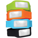 Stack of four Bugables silicone wristbands in green, orange, blue and black showing white logo plates