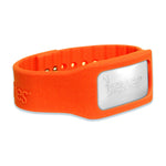 Close-up of an orange Bugables silicone wristband with a white logo plate and adjustable snaps