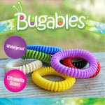 Close-up product graphic showing several colorful coiled Bugables citronella wristbands on a wood surface with waterproof and citronella scent badges.