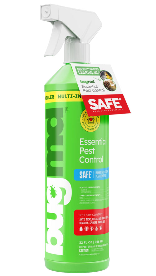 Tall green BugMD Essential Pest Control spray bottle with white trigger and red SAFE tag on label