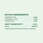 Text panel listing active and inert ingredient percentages including cornmint, citronella, and linseed oil on a pale background.