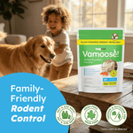Lifestyle scene showing a BugMD Vamoose pouch on a table with a child and a dog blurred in the background, family-friendly icons.