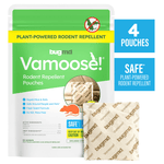 Green BugMD Vamoose rodent repellent pouch with a small beige branded sachet shown in front on white background.