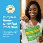 Smiling person placing a beige Vamoose sachet into a green BugMD Vamoose pouch with product protection text at left.