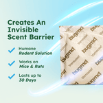 Close-up beige BugMD Vamoose sachet with printed logo beside text and checkmarks describing an invisible scent barrier.