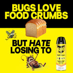 Yellow-and-black graphic showing a loaf of bread, cartoon bugs and a can of Raid with text “BUGS LOVE FOOD CRUMBS BUT HATE LOSING TO.”
