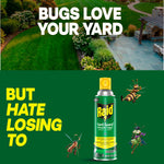 Aerial-style yard photo with large text 'Bugs love your yard' and Raid Yard Guard can with illustrated bugs