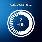 White circular timer icon on blue background with text indicating a built‑in two‑minute timer