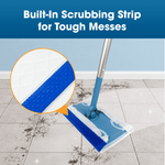 Mop head cleaning tile floor with a magnified inset showing the blue built-in scrubbing strip on the cloth