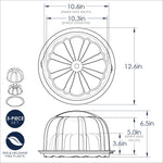 Technical line drawing with dimensions for a bundt pan and clear dome cake keeper, labeled as a 3-piece set.