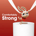 Cartoon bunny mascot balancing on a toilet paper roll with the text 'Comfortably Strong'
