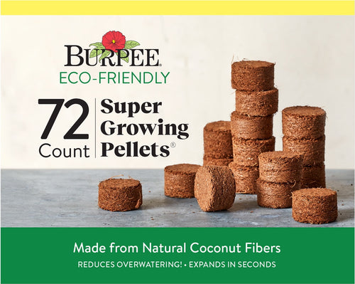 Burpee branded package front showing '72 Count Super Growing Pellets' with stacked coconut-fiber pellets