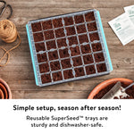 Top-down lifestyle image of Burpee SuperSeed tray filled with soil on a wooden table alongside gardening tools and seed packets