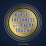 Circular gold badge graphic on dark background reading 'Burst of Freshness with Every Touch' with decorative rings.