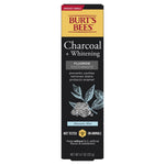 Front view of the Burt's Bees Charcoal + Whitening toothpaste outer box showing brand logo, product name and mint illustration