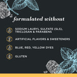 Graphic panel listing ingredients the product is formulated without, on a dark background with botanical sketches
